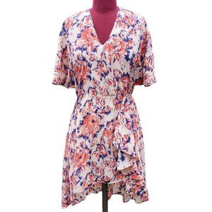 Tucker Dress Medium Orange Blue Ikat Rose V Neck Short Sleeve Waterfall Ruffle